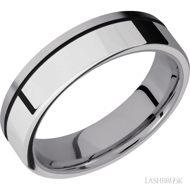 6 mm wide/Flat/Tantalum band with one 4 mm Off Center Edge inlay of Palladium Silver.