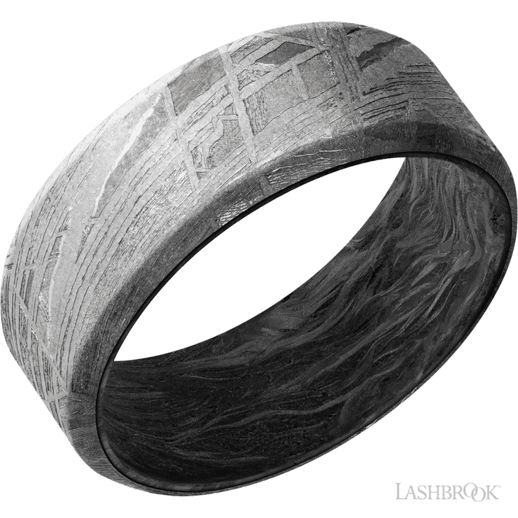 8 mm wide Beveled Meteorite band featuring a Forged Carbon Fiber sleeve.