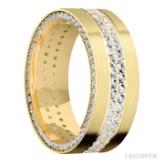 8 mm wide/Flat/14K Yellow Gold band with a Side Eternity arrangement of .01 carat Round Diamond stones in a Bead Channel setting and featuring a a 2 Row Eternity arrangement of .015 carat Round Diamond stones in a Bead Channel setting