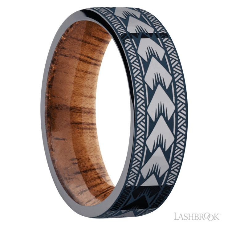 7 mm wide/Flat/Tantalum band with a laser carved Maori pattern also featuring a Koa sleeve.