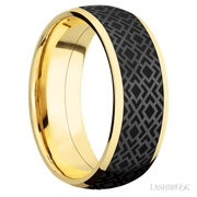 8 mm wide/Domed/14K Yellow Gold band with one 6 mm Centered inlay of Zirconium with a laser carved Trellis 2 pattern.