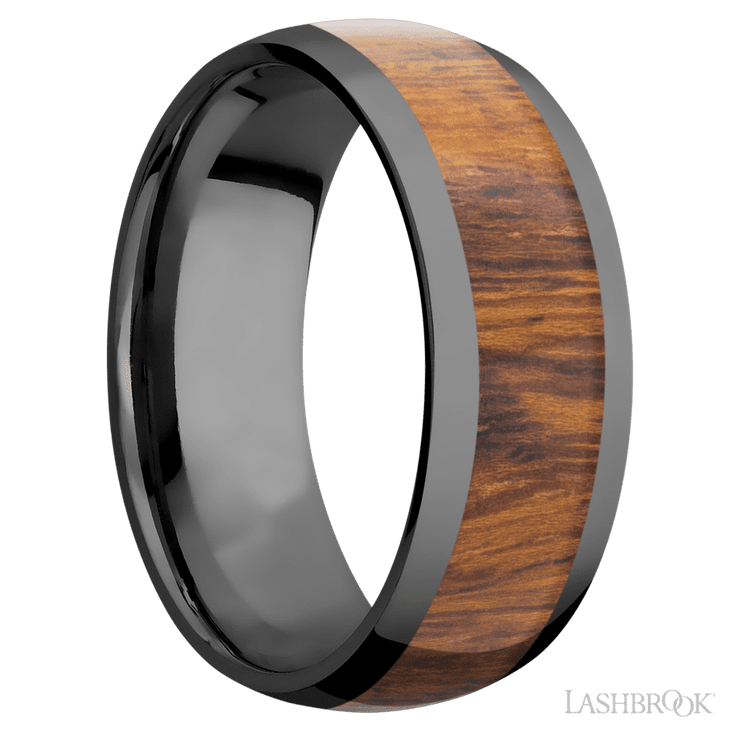 8 mm wide/Domed/Zirconium band with one 5 mm Centered inlay of Desert Iron Wood.