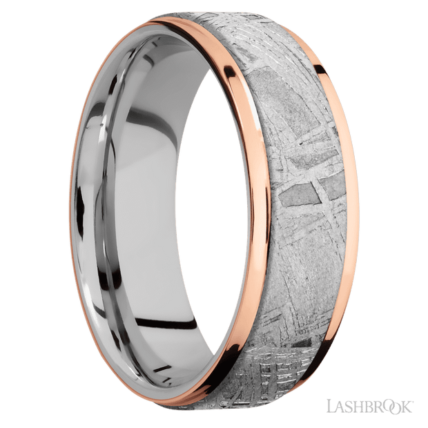 7 mm wide/Flat Grooved Edges/Cobalt Chrome band featuring inlays of Meteorite and 14K Rose Gold.