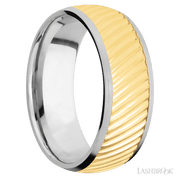 8 mm wide/Domed/14K White Gold band with one 6 mm Centered inlay of 14K Yellow Gold with a machined Ripple pattern.