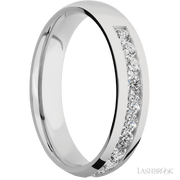5 mm wide/Domed/Cobalt Chrome band with a Half Eternity arrangement of .07 carat Round Diamond stones in a Channel setting.