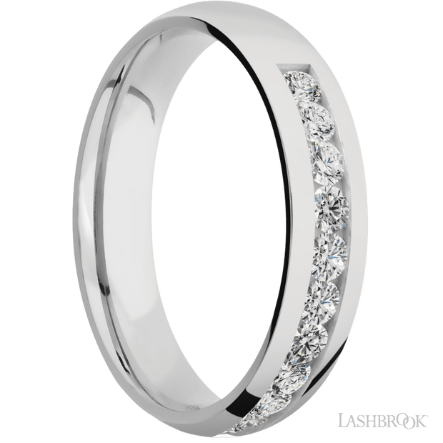 5 mm wide/Domed/Cobalt Chrome band with a Half Eternity arrangement of .07 carat Round Diamond stones in a Channel setting.