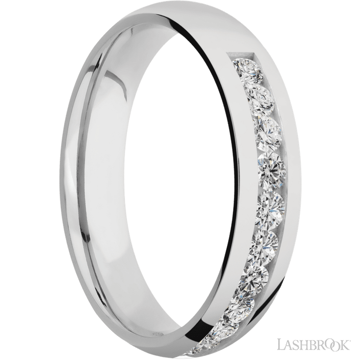 5 mm wide/Domed/Cobalt Chrome band with a Half Eternity arrangement of .07 carat Round Diamond stones in a Channel setting.