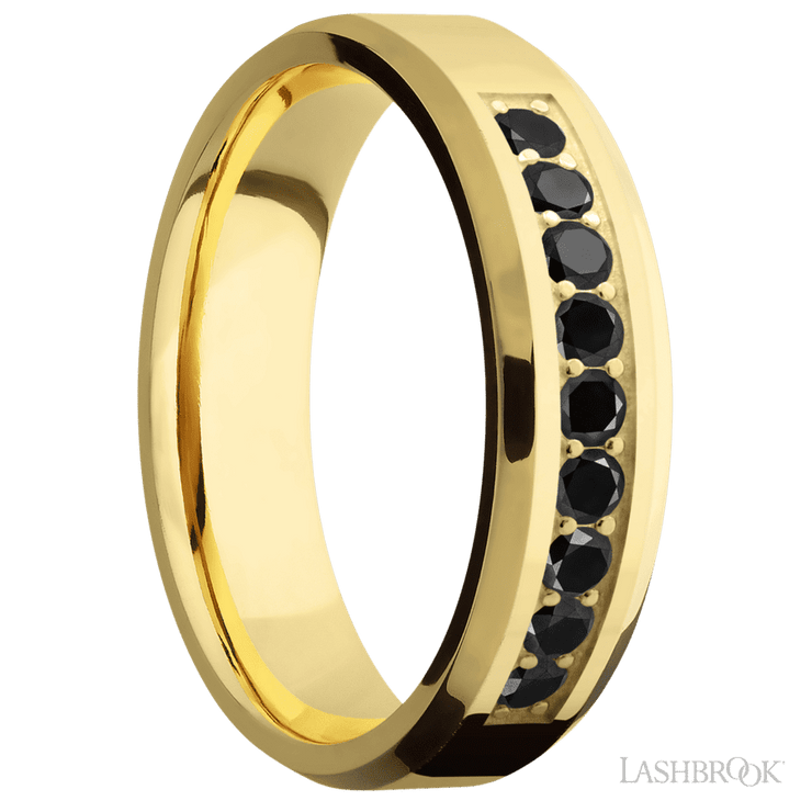 6 mm wide/Beveled/14K Yellow Gold band with an  arrangement of 9, .05 carat Round Black Diamond stones in a Bead Channel setting.