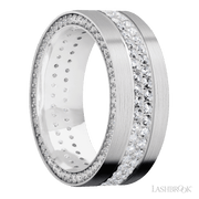 8 mm wide/Flat/14K White Gold band with a Side Eternity arrangement of .01 carat Round Diamond stones in a Bead Channel setting and featuring a a 2 Row Eternity arrangement of .015 carat Round Diamond stones in a Bead Channel setting