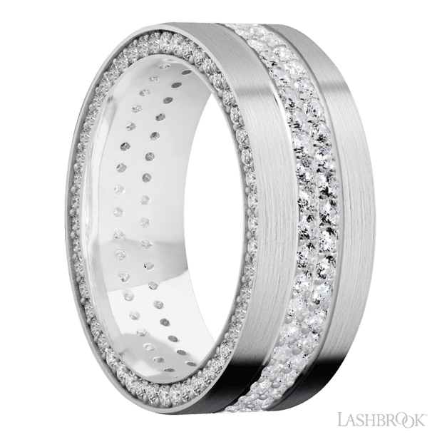 8 mm wide/Flat/14K White Gold band with a Side Eternity arrangement of .01 carat Round Diamond stones in a Bead Channel setting and featuring a a 2 Row Eternity arrangement of .015 carat Round Diamond stones in a Bead Channel setting