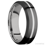 7 mm wide/High Bevel/Zirconium band with one 1 mm Centered inlay of Palladium Silver also featuring a Palladium Silver sleeve.