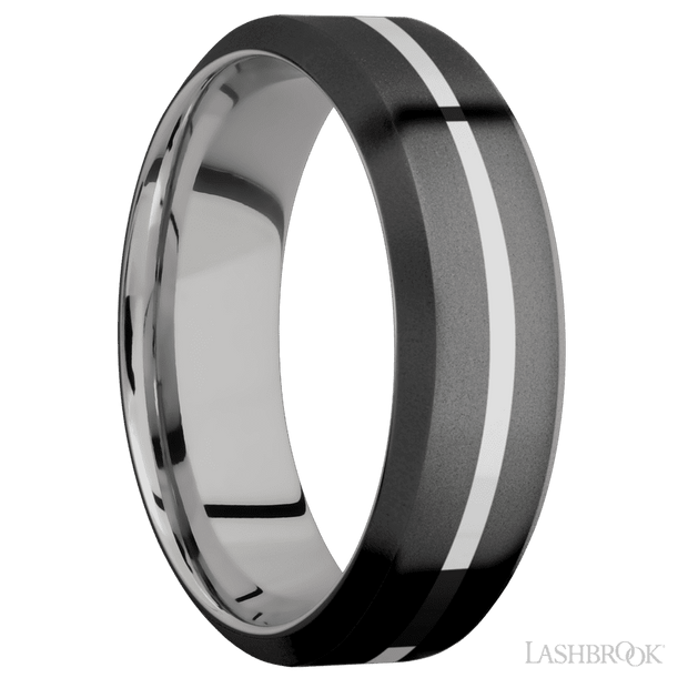 7 mm wide/High Bevel/Zirconium band with one 1 mm Centered inlay of Palladium Silver also featuring a Palladium Silver sleeve.