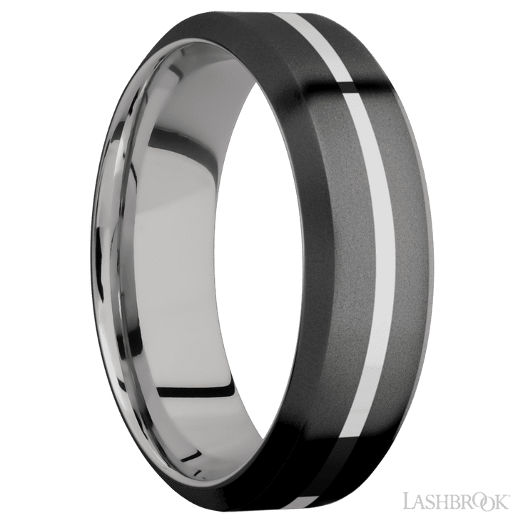 7 mm wide/High Bevel/Zirconium band with one 1 mm Centered inlay of Palladium Silver also featuring a Palladium Silver sleeve.
