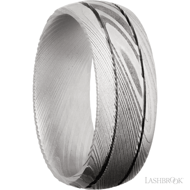 8 mm wide Domed with two accent grooves Damascus band.