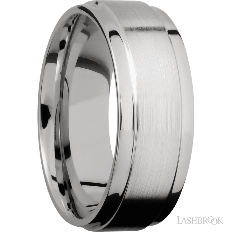 8 mm wide Flat Wide Grooved Edges 14K White Gold band.