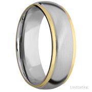 7 mm wide/Domed Stepped Down Edges/14K White Gold band with two 1 mm Edge inlays of 14K Yellow Gold.
