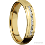 5 mm wide/Flat Grooved Edges/14K Yellow Gold band with an  arrangement of 9, .03 carat Round Diamond stones in a Channel setting.