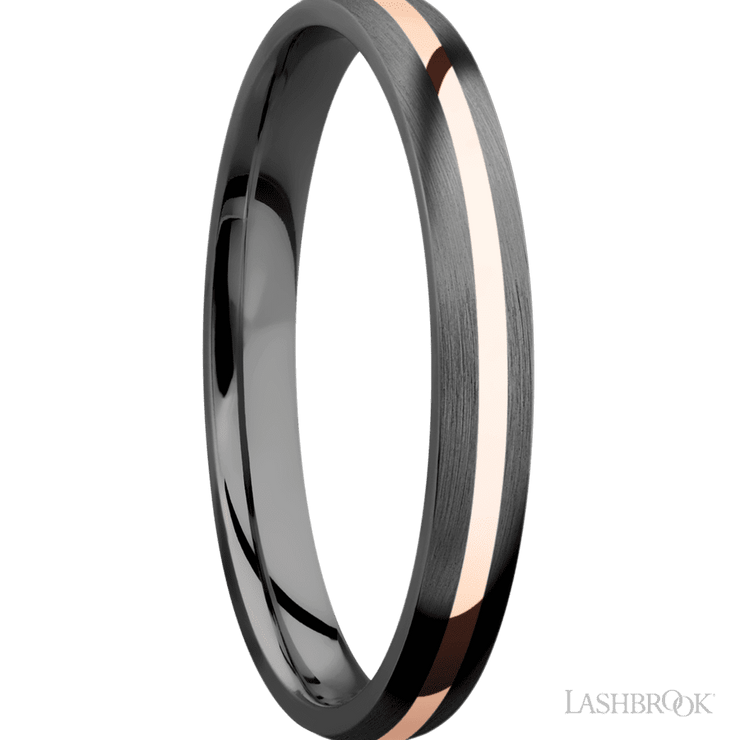 3 mm wide/Domed/Zirconium band with one 1 mm Centered inlay of 14K Rose Gold.