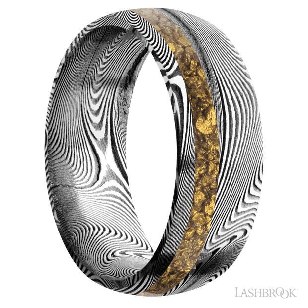 8 mm wide/Domed/Tightweave band with one 2 mm Off Center inlay of Alaskan Gold Nugget.
