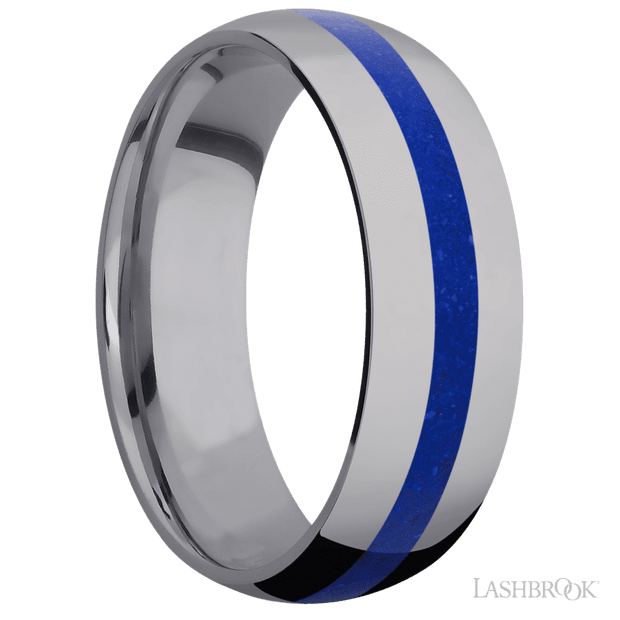 7 mm wide/Domed/Tantalum band with one 2 mm Centered inlay of Lapis.