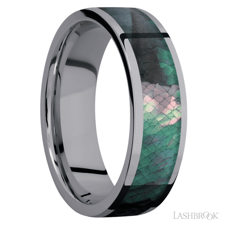 7 mm wide/Flat/Tantalum band with one 5 mm Centered inlay of Black Mother of Pearl.