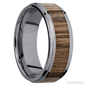 8 mm wide/Flat Grooved Edges/Tantalum band with one 5 mm Centered inlay of Walnut.
