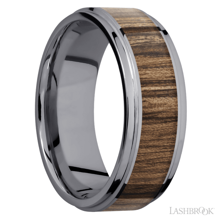 8 mm wide/Flat Grooved Edges/Tantalum band with one 5 mm Centered inlay of Walnut.