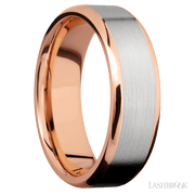 7 mm wide/Beveled/14K Rose Gold band with one 5 mm Centered inlay of 14K White Gold.