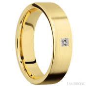 6 mm wide/Flat/14K Yellow Gold band with an  arrangement of 1, .1 carat Princess Diamond stones in a Flush setting.