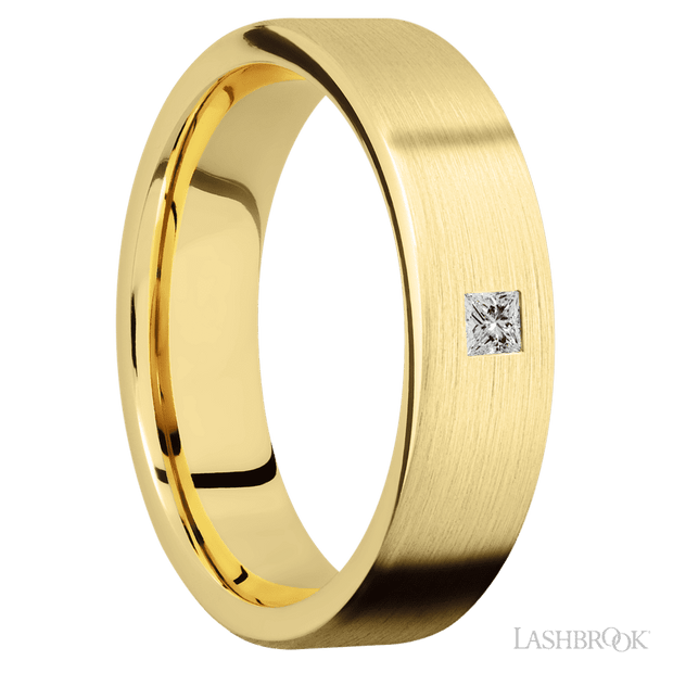 6 mm wide/Flat/14K Yellow Gold band with an  arrangement of 1, .1 carat Princess Diamond stones in a Flush setting.
