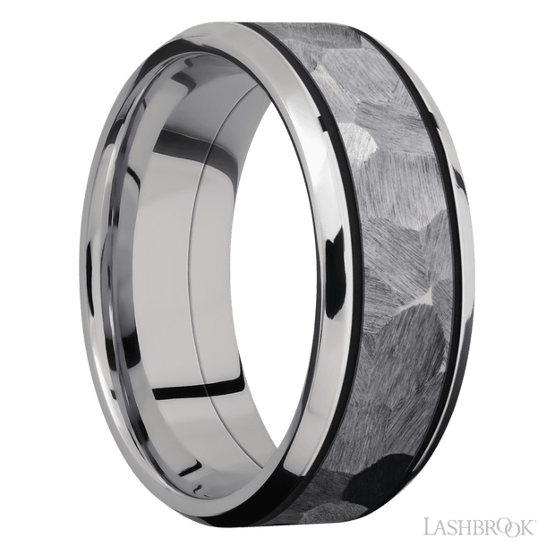 8 mm wide/Beveled/Cobalt Chrome band with one 5 mm Centered inlay of Tantalum.