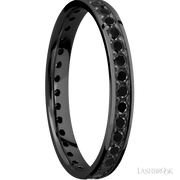 3 mm wide/Flat/Zirconium band with an Eternity arrangement of .03 carat Round Black Diamond stones in a Bead setting.