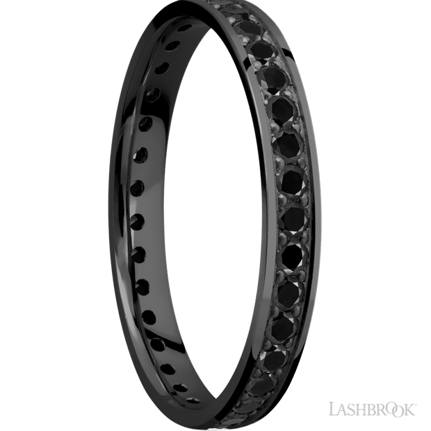3 mm wide/Flat/Zirconium band with an Eternity arrangement of .03 carat Round Black Diamond stones in a Bead setting.