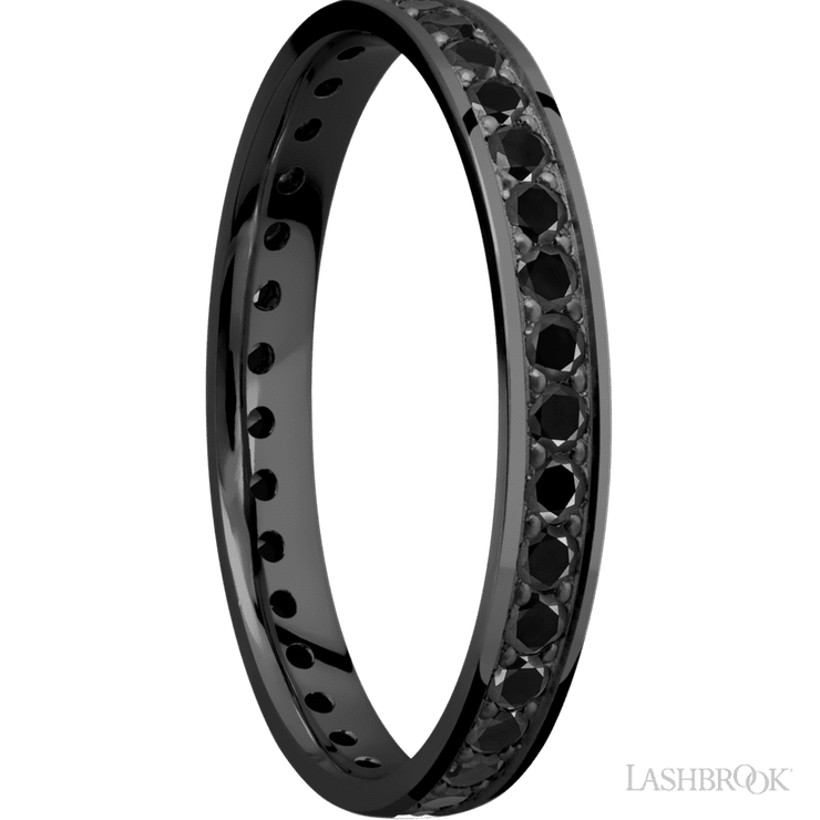 3 mm wide/Flat/Zirconium band with an Eternity arrangement of .03 carat Round Black Diamond stones in a Bead setting.