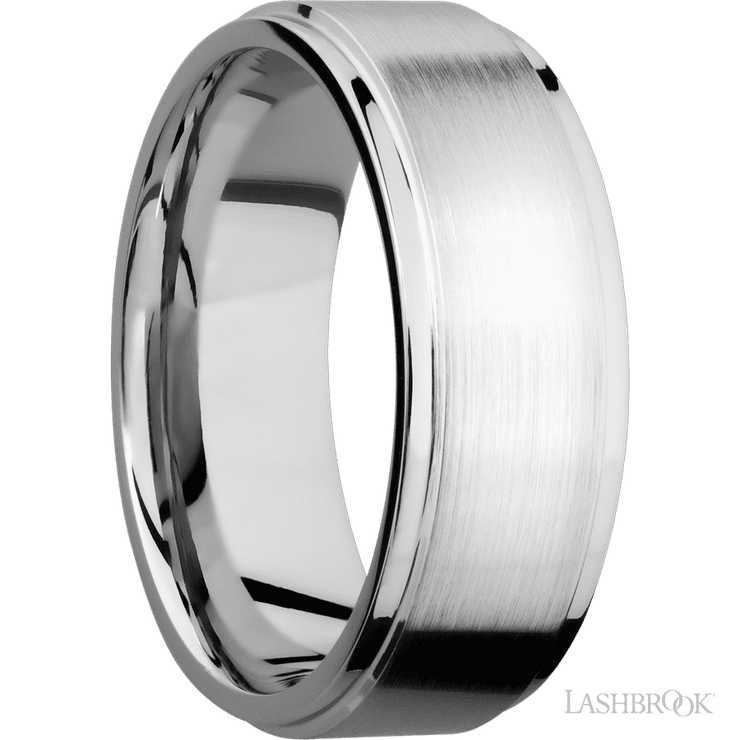 8 mm wide Flat Grooved Edges 14K White Gold band.