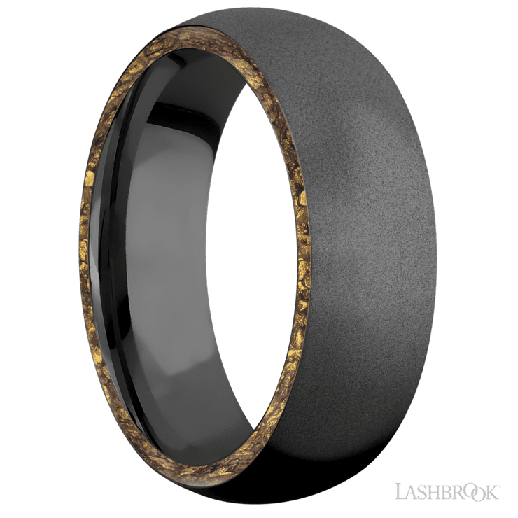 7 mm wide/Domed/Zirconium band with two 1 mm Side inlays of Alaskan Gold Nugget.