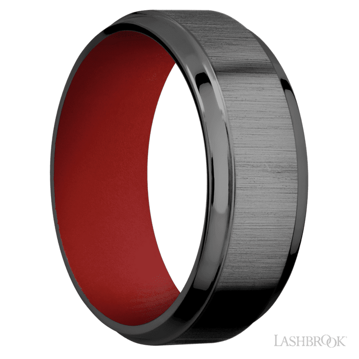 8 mm wide Stepped Bevel Zirconium band featuring a USMC Red sleeve.