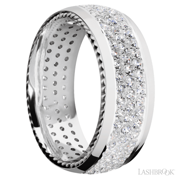 8 mm wide/Domed/14K White Gold band with  two 1 mm Sidebraid inlays of 14K White Gold and featuring a 3 Row Eternity arrangement of .015 carat Round Diamond stones in a Bead Channel setting