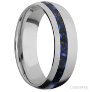 7 mm wide/Domed/Titanium band with one 2 mm Off Center inlay of Blue Tiger Eye.