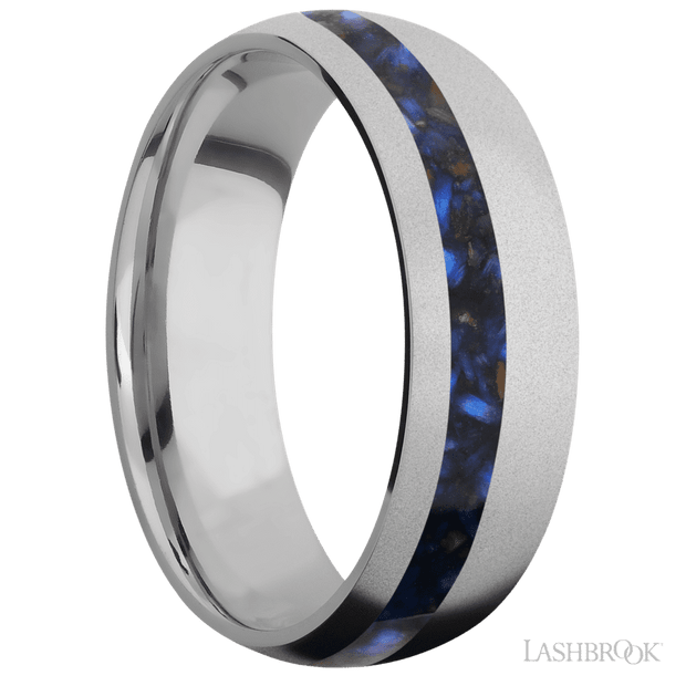 7 mm wide/Domed/Titanium band with one 2 mm Off Center inlay of Blue Tiger Eye.