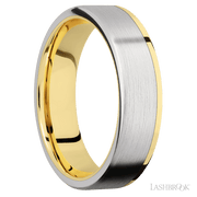 6 mm wide/Flat/14K Yellow Gold band with one 5 mm Off Center Edge inlay of Cobalt Chrome.