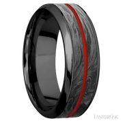 8 mm wide/High Bevel/Zirconium band featuring inlays of Forged Carbon Fiber and Red Apple.