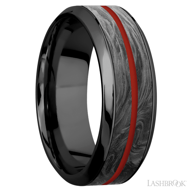 8 mm wide/High Bevel/Zirconium band featuring inlays of Forged Carbon Fiber and Red Apple.