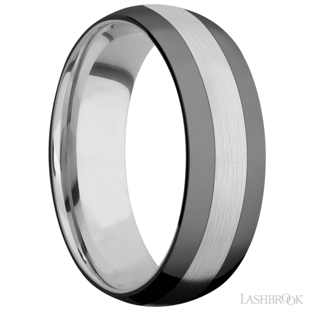 7 mm wide/Domed/Cobalt Chrome band with two 2 mm Double Off Center Edge inlays of Zirconium.