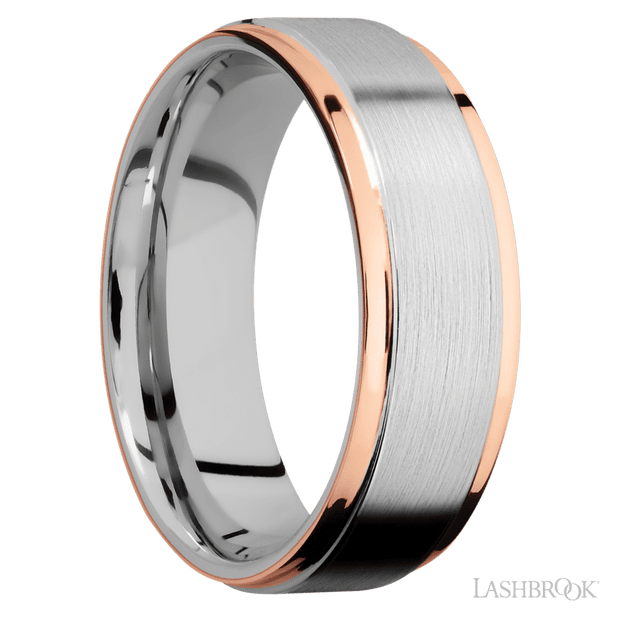 7 mm wide/Flat Grooved Edges/Cobalt Chrome band with two 1 mm Edge inlays of 14K Rose Gold.