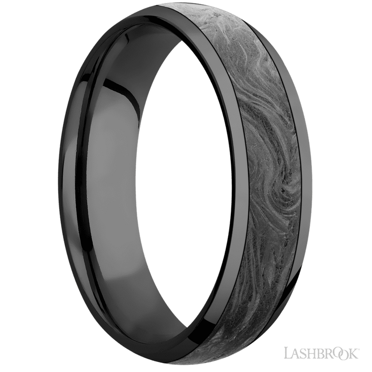 6 mm wide/Domed/Zirconium band with one 4 mm Centered inlay of Forged Carbon Fiber.