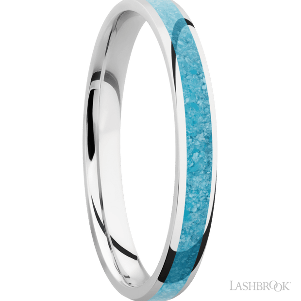3 mm wide/Domed/Cobalt Chrome band with one 2 mm Centered inlay of Turquoise.