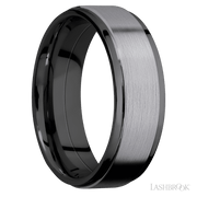 7 mm wide/Flat Grooved Edges/Zirconium band with one 5 mm Raised Centered inlay of Tantalum.