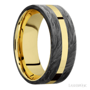 8 mm wide/Flat/14K Yellow Gold band with two 3 mm Double Off Center Edge inlays of Forged Carbon Fiber.