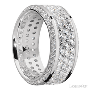10 mm wide/High Bevel/14K White Gold band with a Bevel Eternity arrangement of .01 carat Round Diamond stones in a Bead setting and featuring a a 3 Row Eternity arrangement of .03 carat Round Diamond stones in a Bead Channel setting